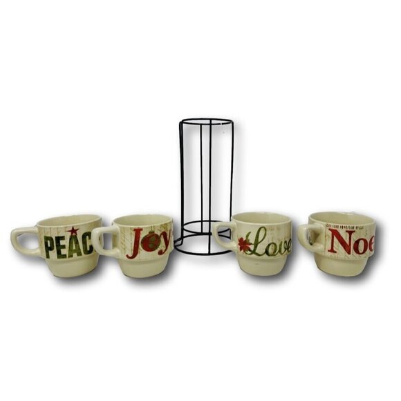 Pier 1 Imports Stacking Mugs Holiday Set of 4 Coffee Tea  w/Caddy Peace Joy Love - Picture 3 of 3